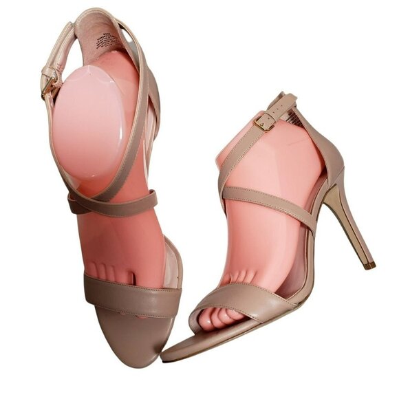 Nine West Taupe Leather Open Toe Strappy Buckle High Heels Sandals Size 9.5 M - Picture 4 of 11